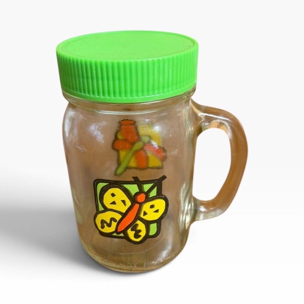 Vintage Anchor Hocking Mason Jar Mug With Green Lid Butterfly Flower Glass